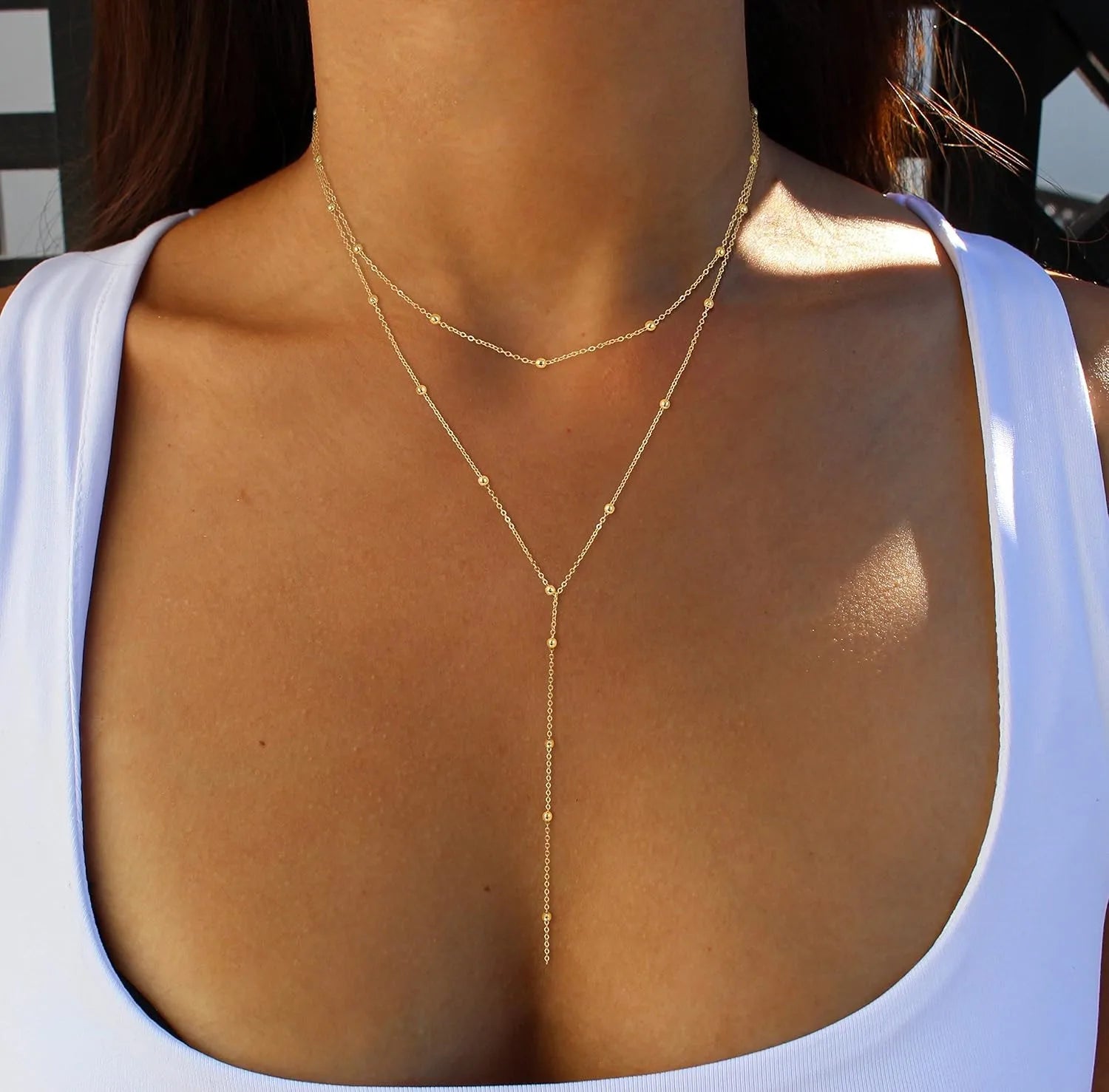 Colar de ouro para mulher 14k banhado a ouro/prata em forma de y pingente colar em camadas frisado corrente gota colares para presente feminino