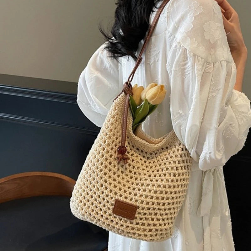 2025 novo verão feminino tecido crochê sacola praia férias bolsa de ombro leve algodão linho boho oco para fora bolsa