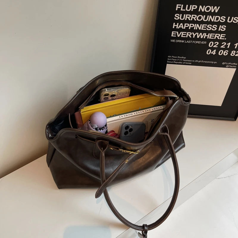 Vintage grande capacidade de couro do plutônio sacola para as mulheres 2024 outono tendência marrom senhora commuter bolsa feminina viagem bolsa ombro