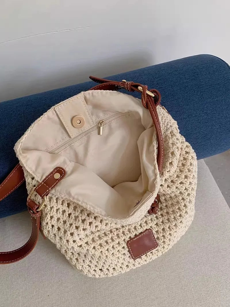 2025 novo verão feminino tecido crochê sacola praia férias bolsa de ombro leve algodão linho boho oco para fora bolsa