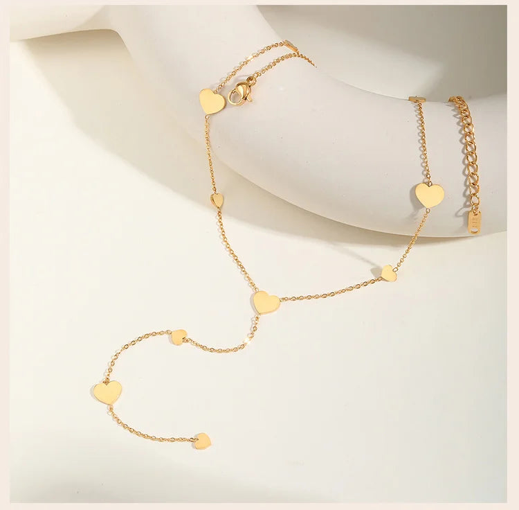 Colar de corrente lariat com gota de coração para mulheres, corrente longa em forma de Y em aço inoxidável 18K joias em camadas de cor dourada