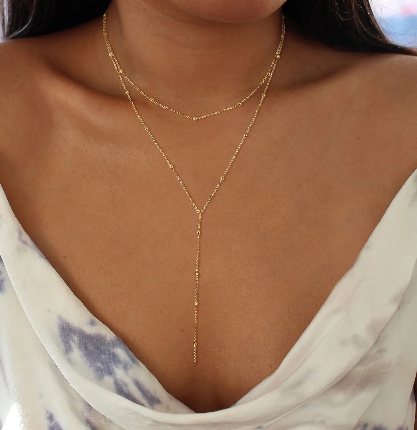 Colar de ouro para mulher 14k banhado a ouro/prata em forma de y pingente colar em camadas frisado corrente gota colares para presente feminino