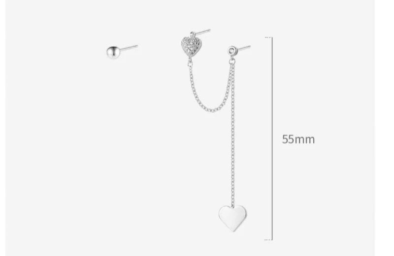 Novo 925 prata esterlina assimétrico em forma de coração duplo orelha buraco brincos uma peça longa borla estilo brincos ornamento feminino