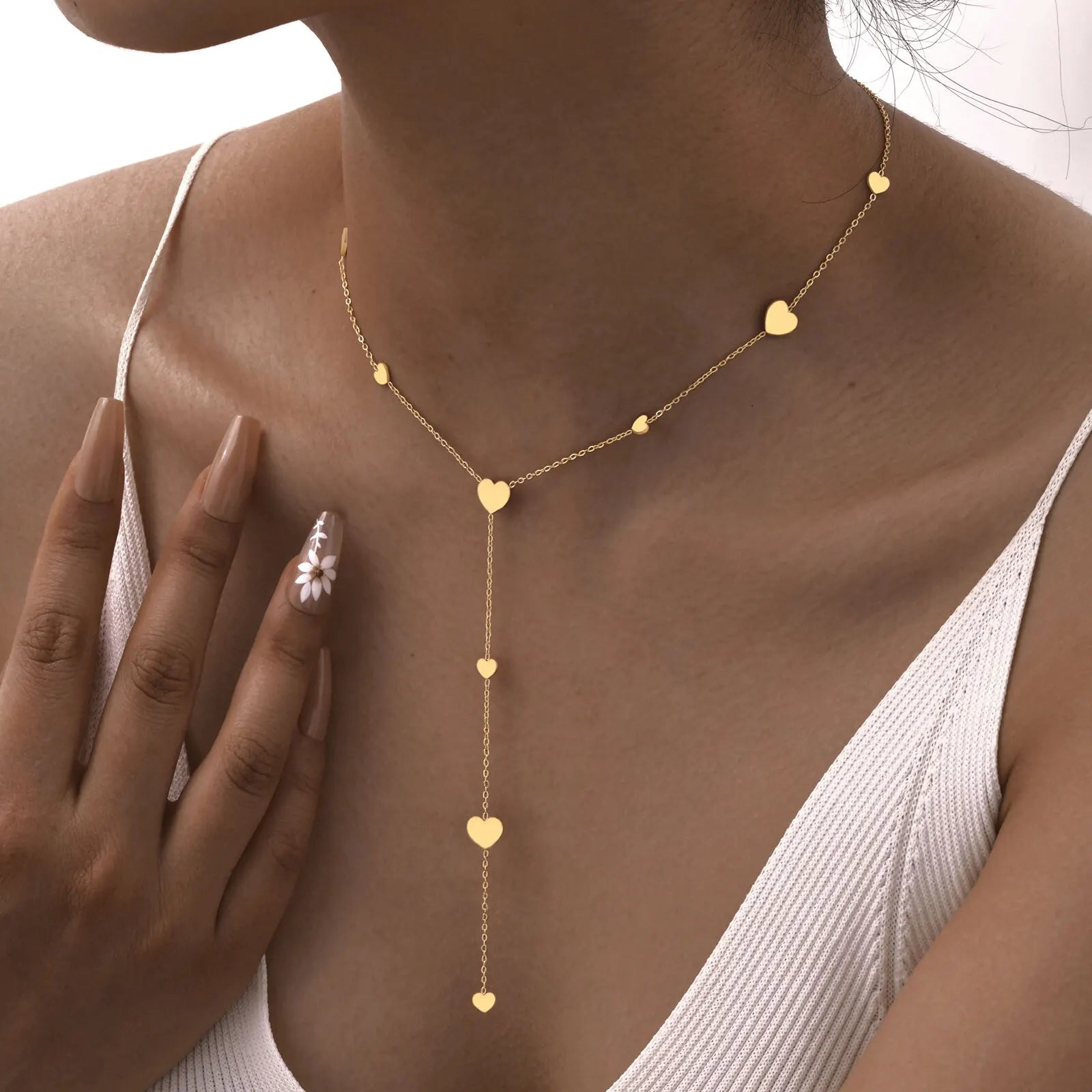 Colar de corrente lariat com gota de coração para mulheres, corrente longa em forma de Y em aço inoxidável 18K joias em camadas de cor dourada