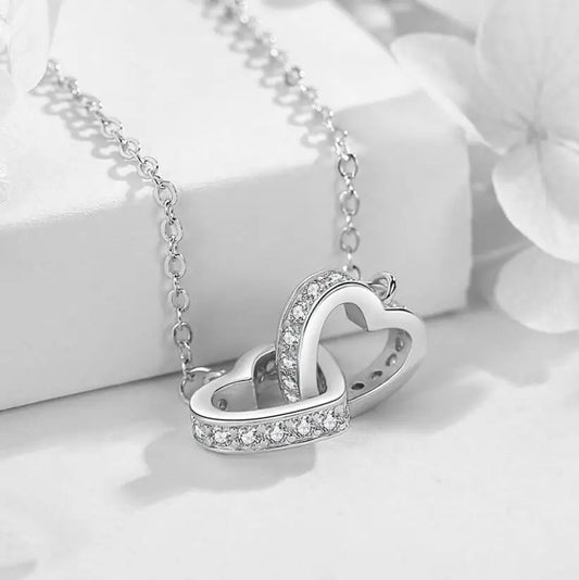 Venda quente moda duplo amor coração zircão pingente colar 925 prata esterlina rosa ouro strass colares feminino jóias presente