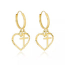 Brinco De Ouro 18k Argola Com Pingente Coração e Cruz