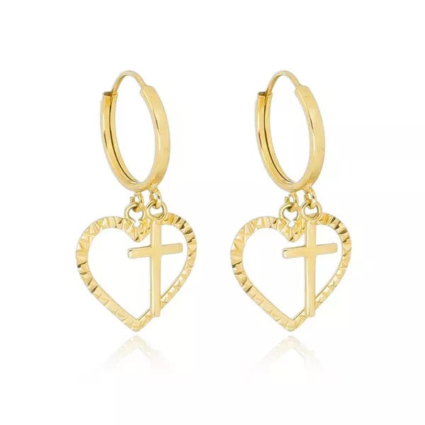 Brinco De Ouro 18k Argola Com Pingente Coração e Cruz
