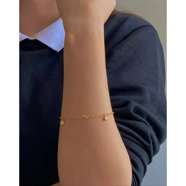 Pulseira De Ouro 18k Corações e Estrelas Com 19cm