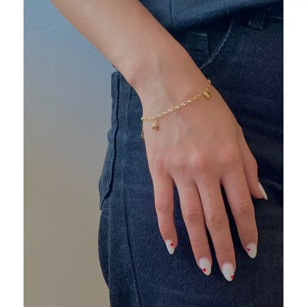 Pulseira De Ouro 18k Corações e Estrelas Com 19cm