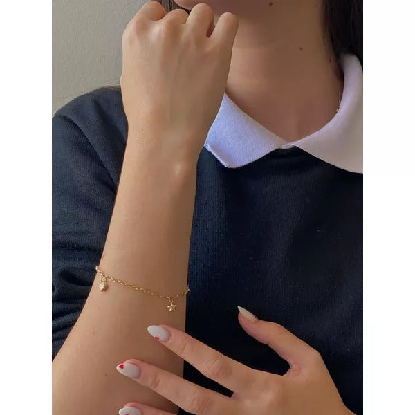 Pulseira De Ouro 18k Corações e Estrelas Com 19cm