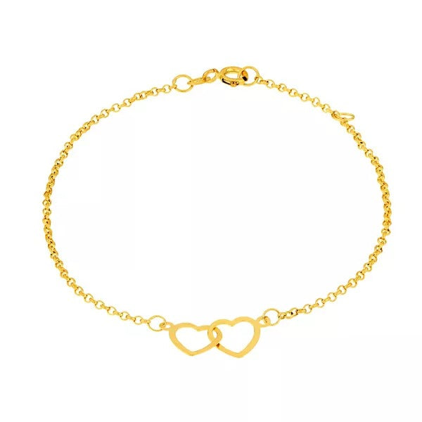 Pulseira De Ouro 18k Elo Português Dois Corações Com 18cm
