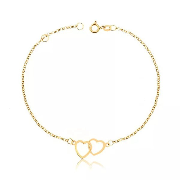 Pulseira De Ouro 18k Elo Português Dois Corações Com 18cm