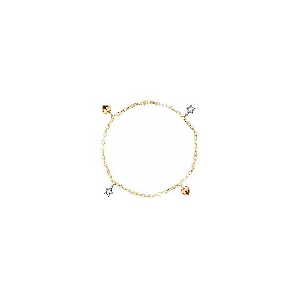 Pulseira De Ouro 18k Corações e Estrelas Tricolor Com 19cm