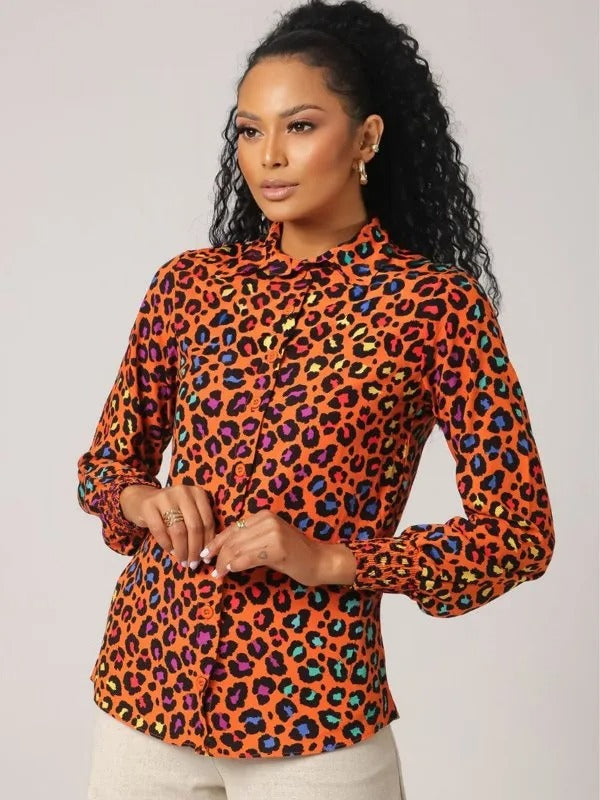 Camisa Manga Longa Punho Lastex Animal Print