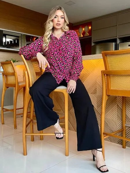 Camisa Manga Longa Punho Lastex Animal Print