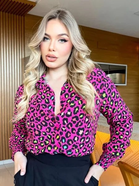 Camisa Manga Longa Punho Lastex Animal Print